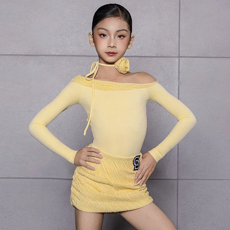 2026 Yellow Latin Dance Suit Girl Off Shoulder Performance Dress Long Sleeve Bodysuit Bodycon Skirt Dancer Training Wear VBH2581