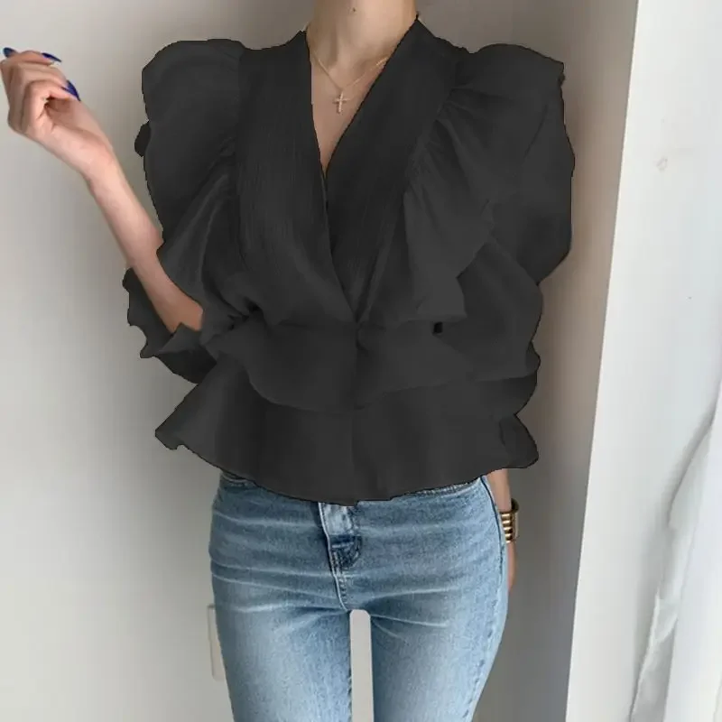 Women Vintage Ruffles Design Elegant Blouse Fashion V Neck Chic Chiffon Shirts Solid Long Sleeve Gothic Tops Slim Blusas L285