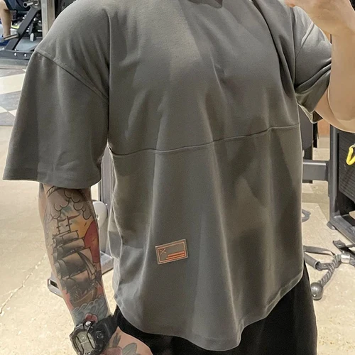 신상 스포츠 피트니스 반팔 루즈핏 반팔 무게추 트레이닝 속건성 티셔츠, 여름 속건성 통기성 티셔츠 