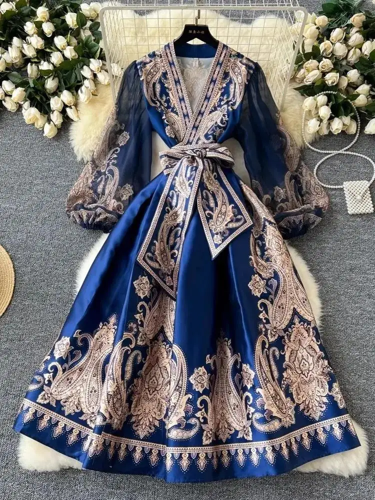 Kobiety Cross V Neck Lantern Sleeve Chiffon Patchwork Thick Satin Long Party Dress Paisley Print Bandage Lace Up Wrap Vestidos