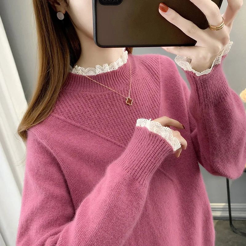 New Half High Neck Sweater Fashion Women\'s Pullover Elegant Lace Edge Autumn Winter Bottoming Top Warm Pull Femme Knitwears