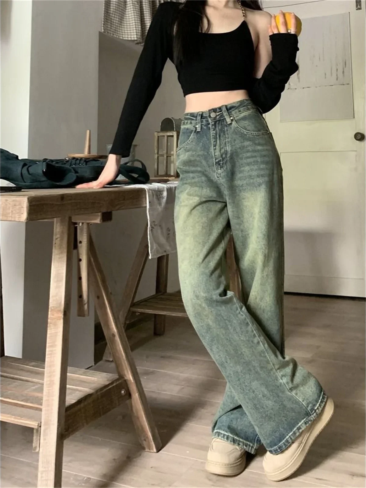 

Y2k Wide Leg Women Pants Vintage Blue Jeans Casual 2024 New Washed Pant Streetwear Denim Trousers Femme Baggy Clothes Chic Basic