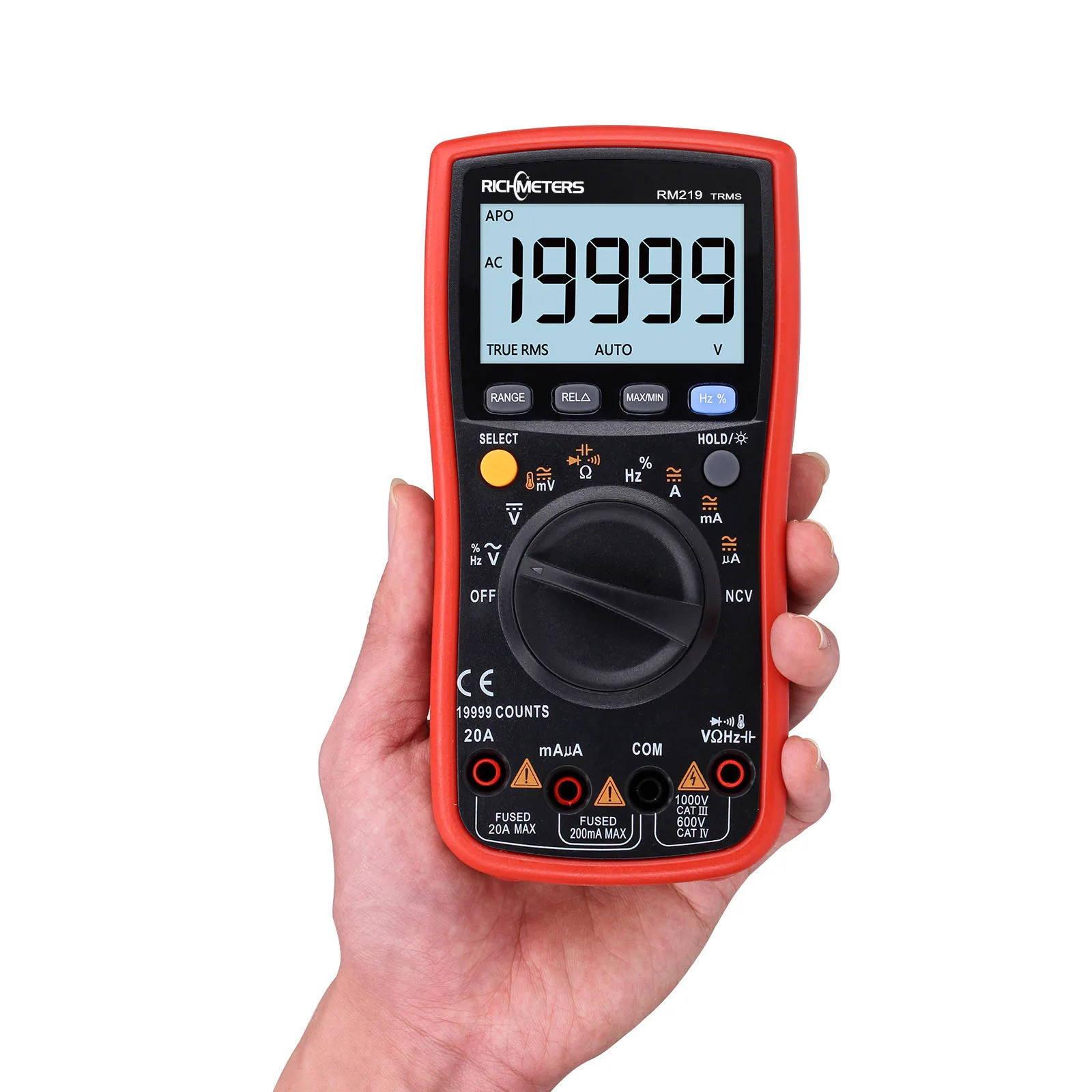 Imagem -02 - Multímetro Digital Freqüência Ncv Desligamento Automático Amperímetro de Tensão ac dc Ohm Atual True-rms 19999 Contagens Richmeters-rm219