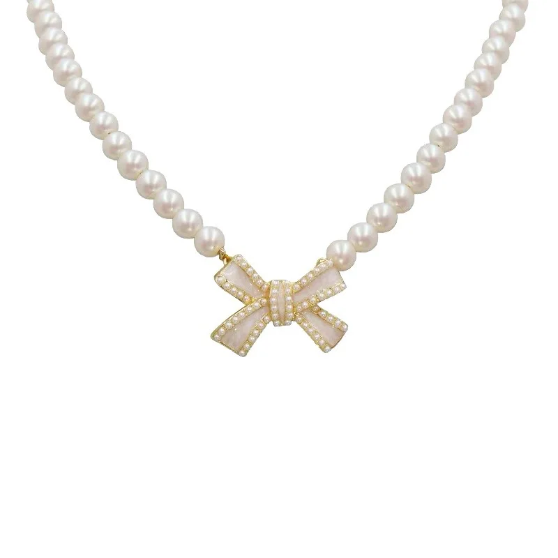 Trend Elegant Jewelry Wedding White Oil Bow Pendant Necklace For Women Fashion White Imitation Pearl Choker Necklace N0430