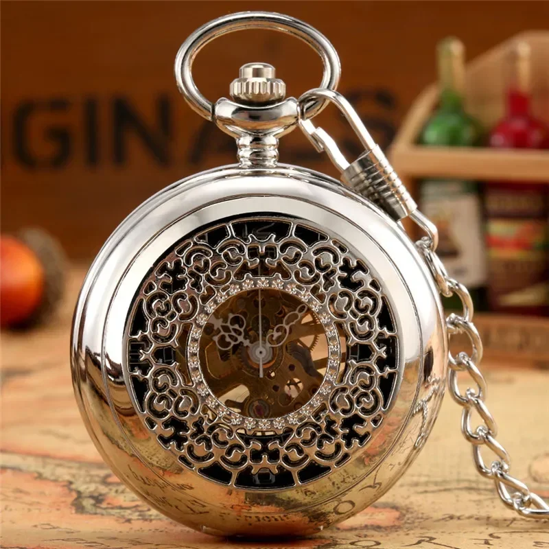 Classic Silver Hollow-out Flower Case Men Women Handwinding Mechanical Pocket Watch Arabic Number Dial Pendant FOB Chain Clock