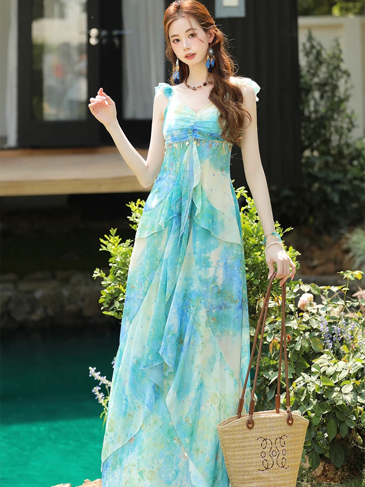 ฤดูร้อนสีเขียวพิมพ์สแควร์คอสลิงชุดยาวผู้หญิง Elegant Chic Ruffled Beach Dress 2025 เกาหลีหรูหราชุดราตรี