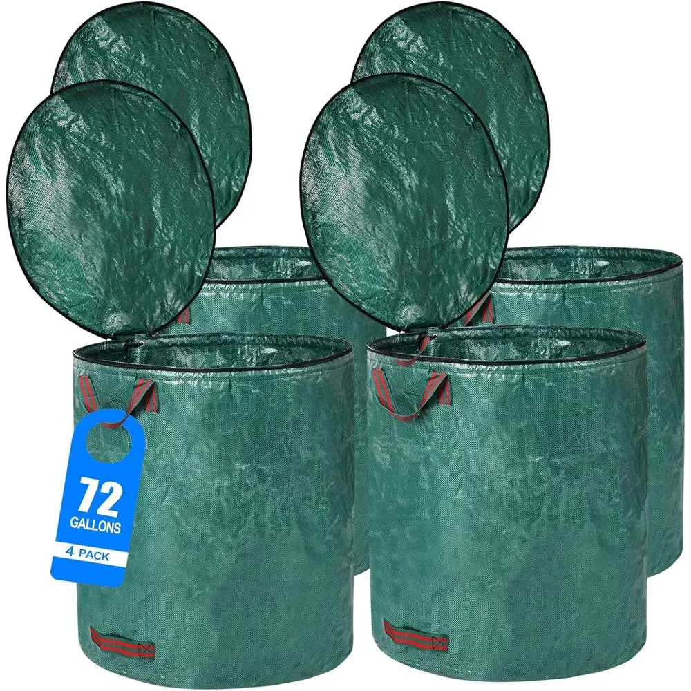 

Набор из 4 многоразовых мешков для садового мусора объемом 72 галлона с крышкой, особо крупные, сверхпрочные, с 4 ручками, для садовых отходов