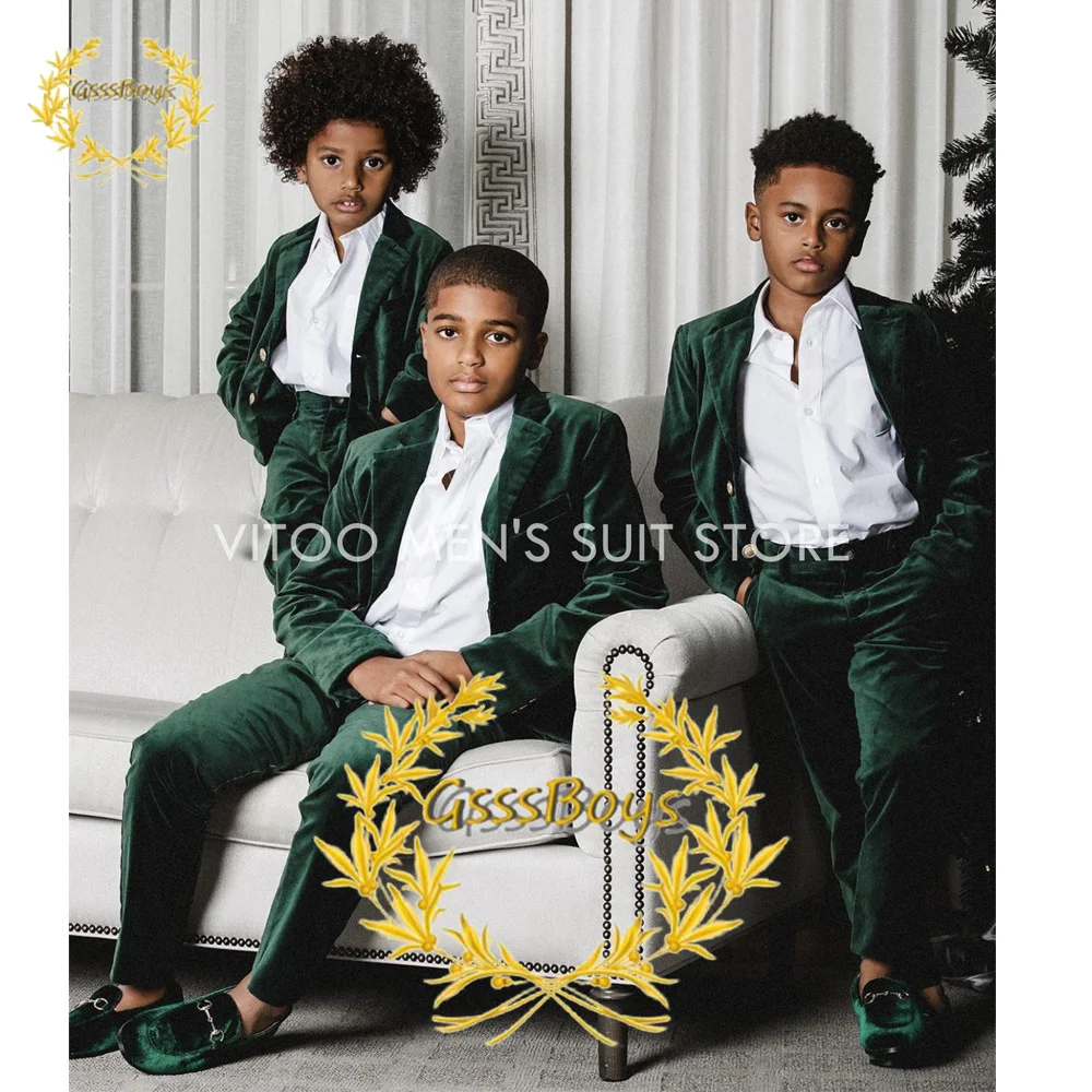 Velvet Boys Suit Two Piece Party Wedding Tuxedo Lapel Jacket Set Formal Blazer Pants Custom Kids Full Outfit 3-16 Years Old