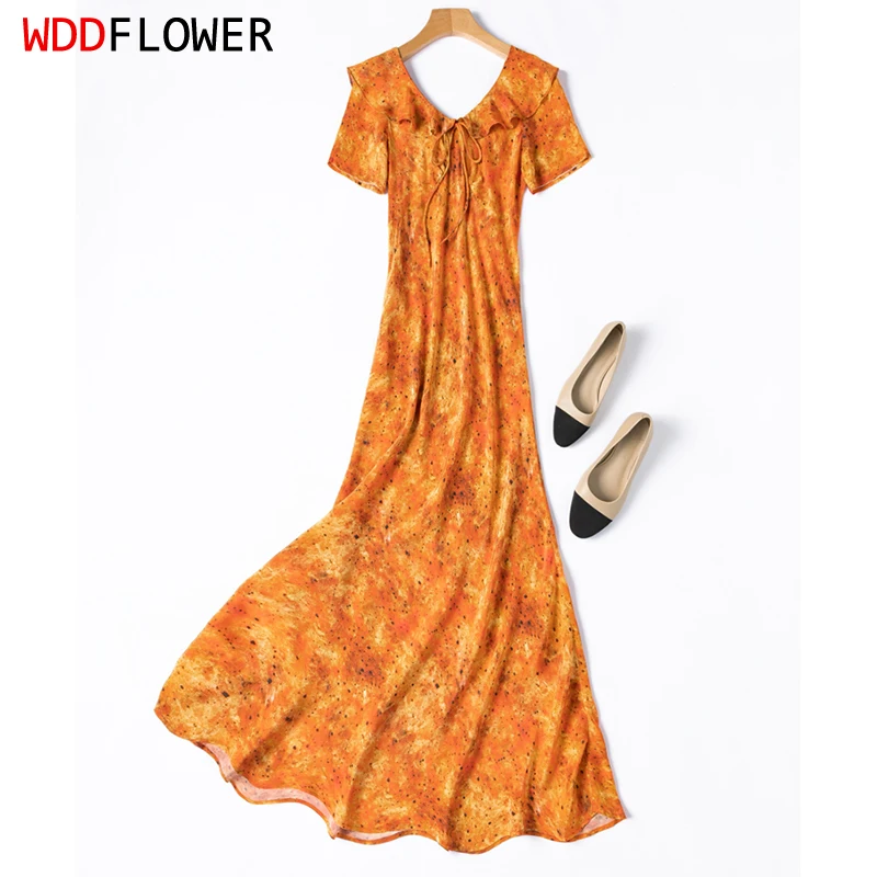 

Women Silk Midi Dress 100% Mulberry Silk Orange Printed Short Sleeve Ruffles V-neck Fit Type Fishtail Style Long Dress M1413