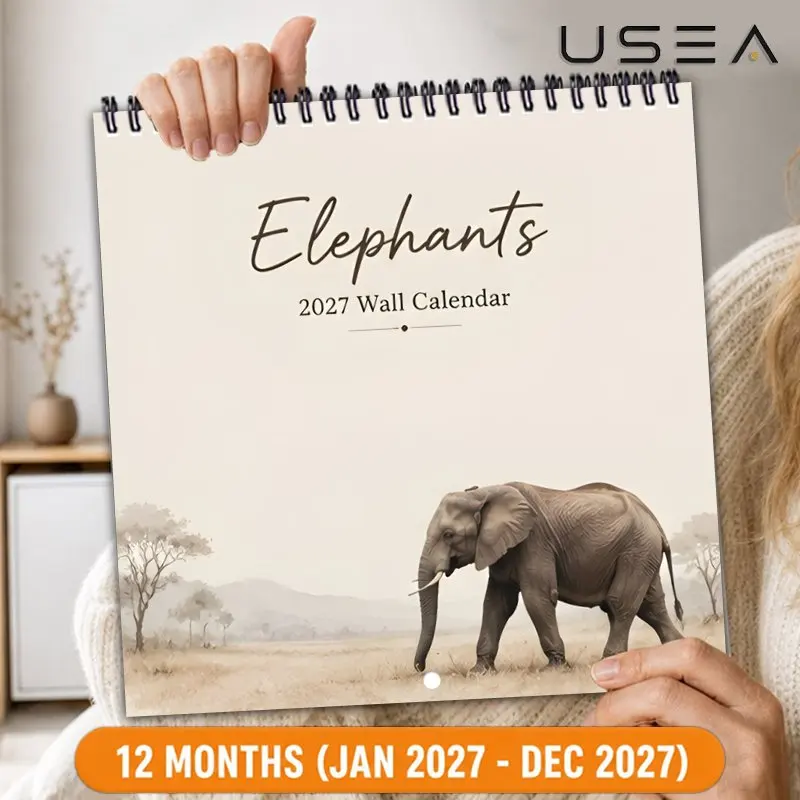 2027 Wall Calendar,Safari Elephant Square Calendar,With Large Writable Blocks,Boho Farmhouse Decor & Gift for Women Mom Coworker