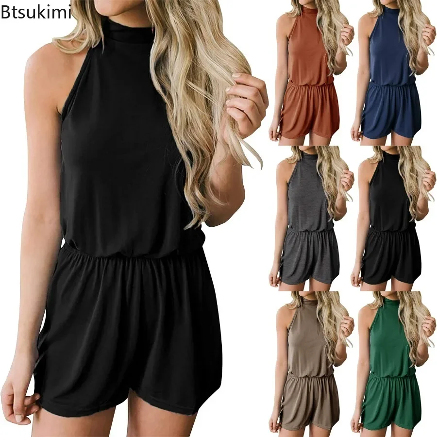 2026 Women's Casual Halter Neck Jumpsuits Elastic Waist Solid Jumpsuit Playsuits Female Summer Rompers Sleeveless Beach Outfits