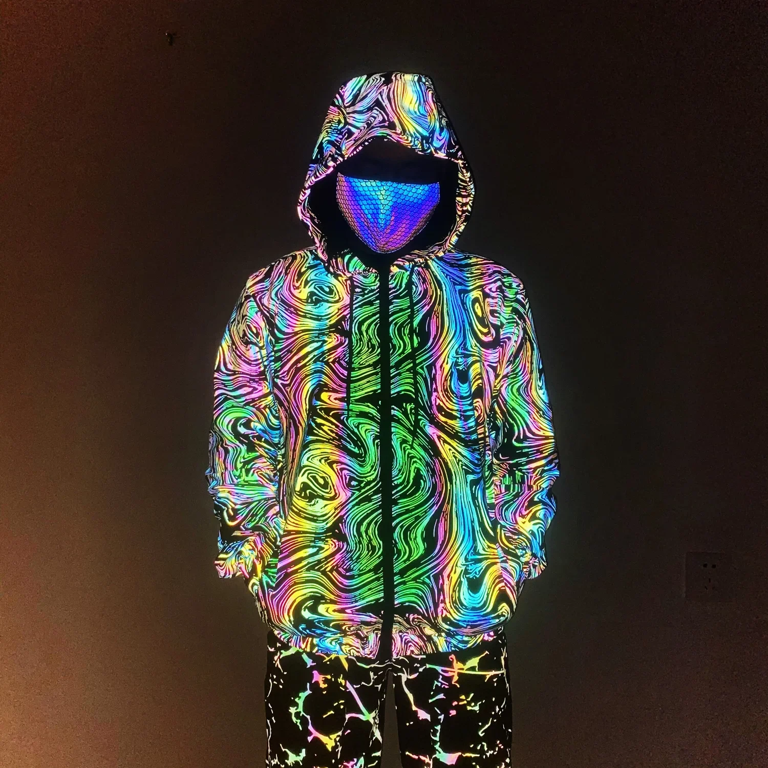 Veste de coulée de documents arc-en-ciel pour hommes, sweat à capuche hip hop, manteau respirant, tenue de soirée DJ Rave, vêtements de course de nuit, 2024