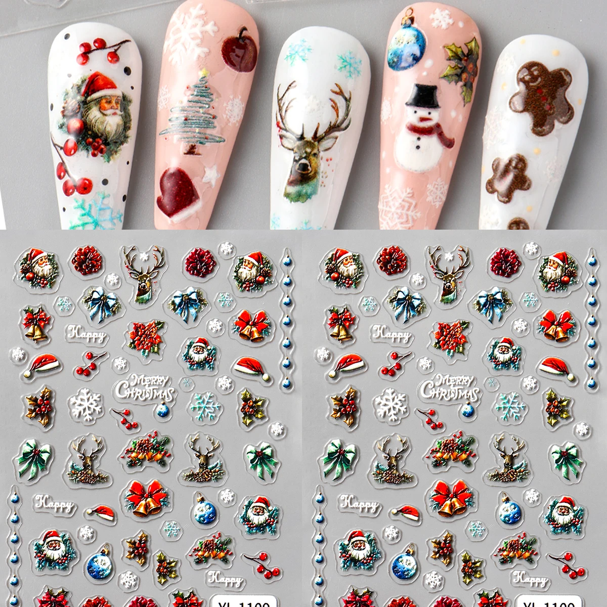 2 個 5D エンボス加工クリスマスネイルアートステッカーサンタクロースベル冬の雪の結晶ヘラジカ自己粘着ネイルデカール DIY お祝い新年