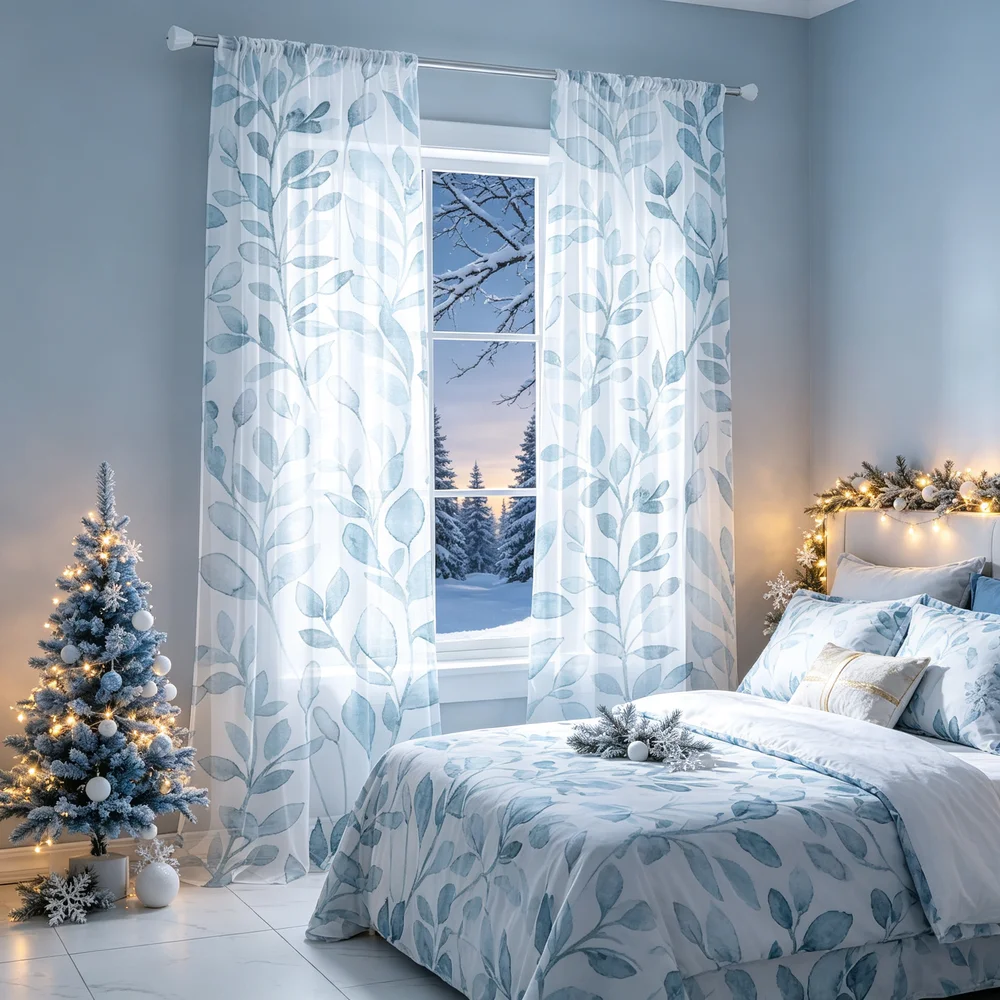 2PCS Sheer Curtains, Light Blue Watercolor Branches Print, Bedroom Living Room Window Drapes, Rod Pocket Polyester, Home Decor