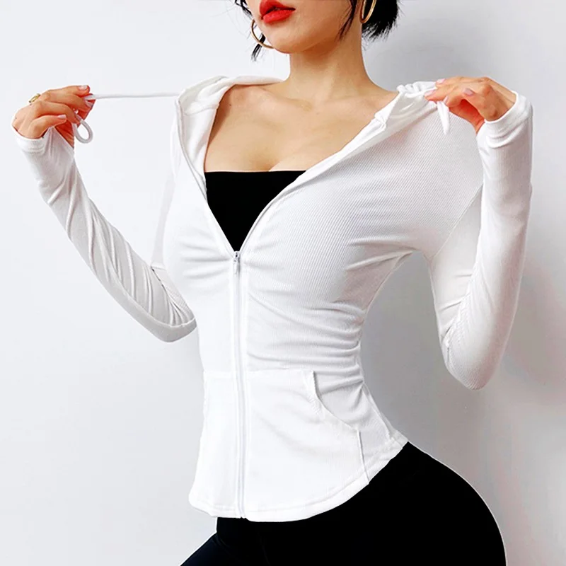 Cloud Hide White Women Sports Jacket Winter Long Sleeve Yoga Shirt Gym Fitness Coat Top Sexy Blouse Running Workout Sportswear