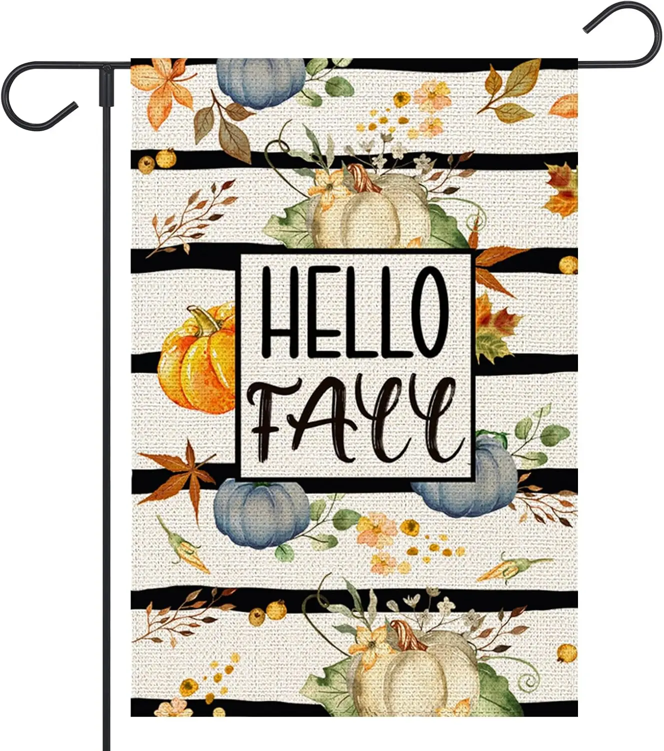 Hello Fall Pumpkin Garden Flag Watercolor Stripes Thanksgiving 12x18 Inch Double Sided Flags Seasonal Holiday Outdoor Autumn SSL