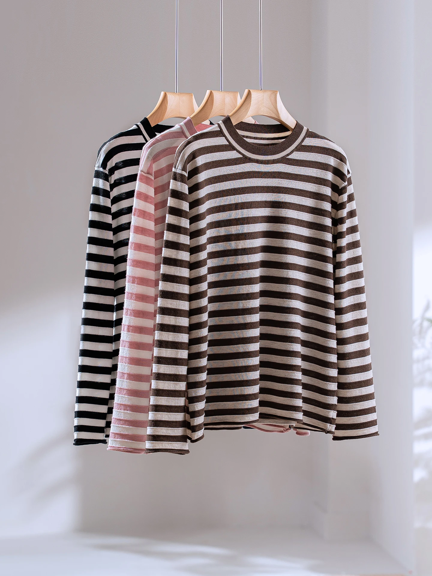 

Женская полосатая футболка с круглым вырезом и длинным рукавом, свободного кроя, из вязаной шерстяной смеси, повседневная, осенне-зимняя, новинка, базовая модель