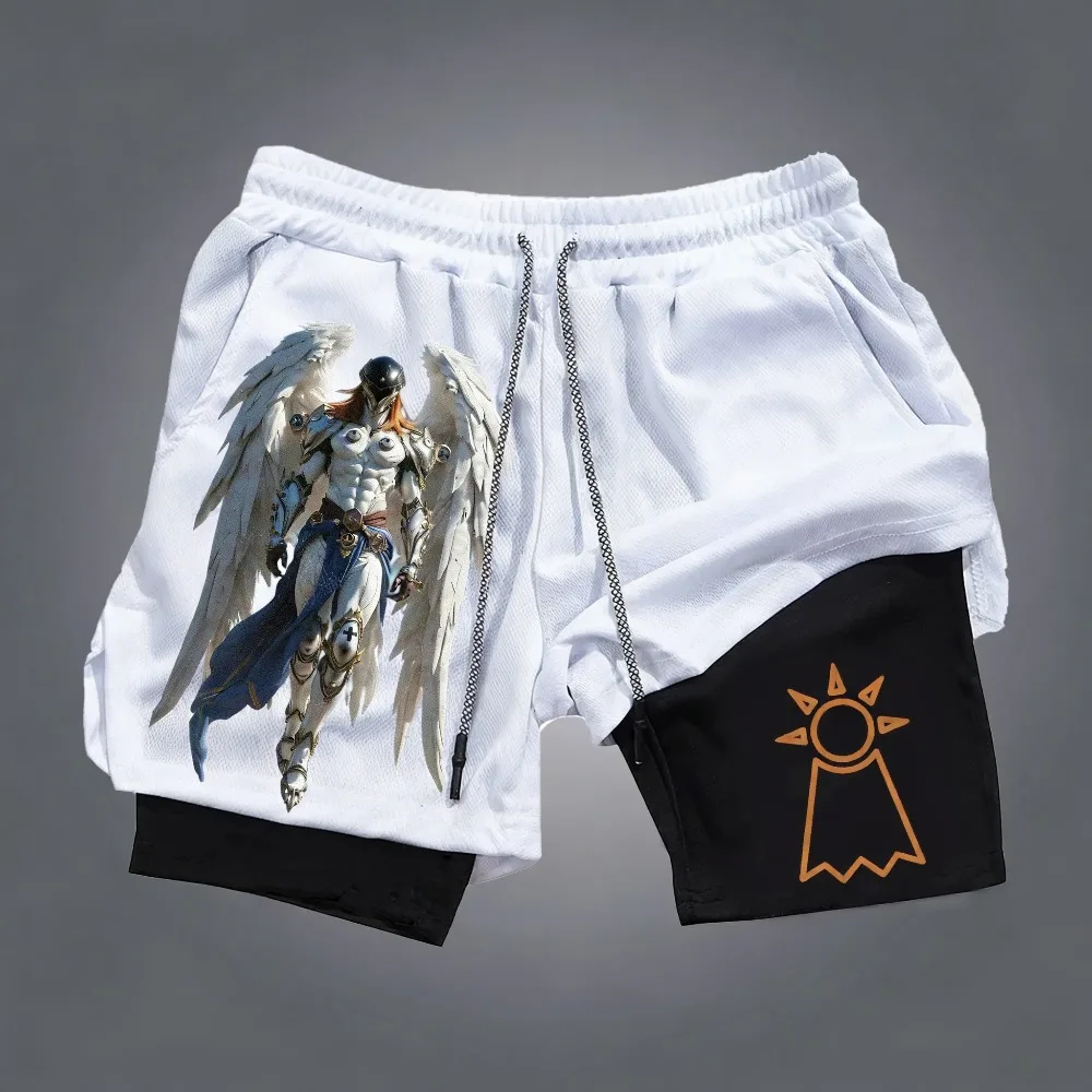 

Oversized Unisex Digimon Angemon 2026 Summer Harajuku Anime Print Y2K Hip-hop Sports Quick Drying Breathable Double-layer Shorts