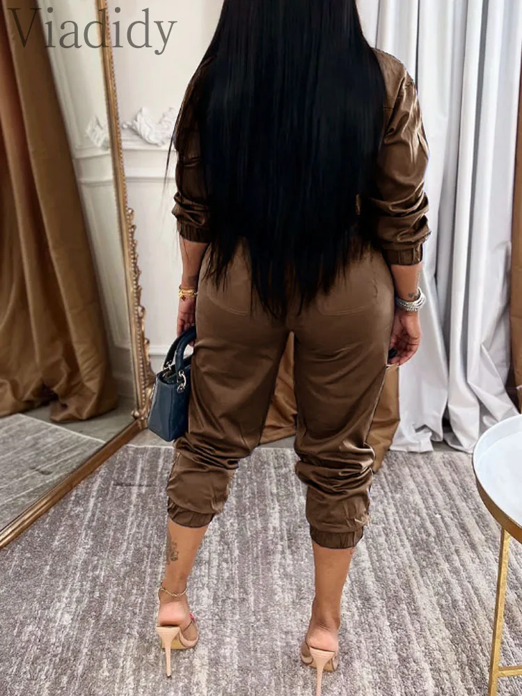 Dames sexy effen kleur rits omslagkraag lange mouw cargo jumpsuits rompertjes