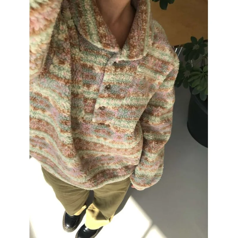 Chic inverno vintage bavero pelliccia di agnello calda felpa Jaet donna allentata pigra eleganza tuta sportiva top fibra di poliestere 00%