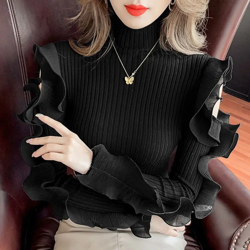 Fashion Off Shoulder Knitting Pullovers Spring Autumn Long Sleeve Solid Slim Ruffle Sweaters Top Sweet Elegant Women Clothing