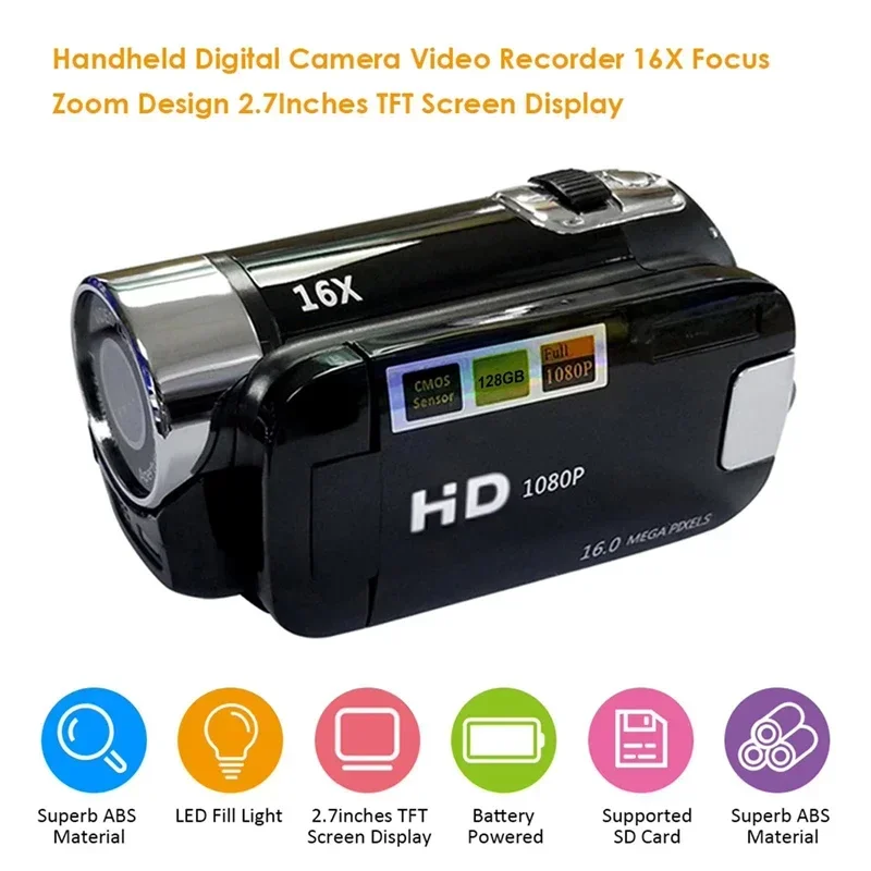 Câmera dv de 16mp, tela rotativa tft de 2,7 polegadas, zoom digital 16x, câmera de vídeo retrô com cabo usb, suporte para função de câmera noturna