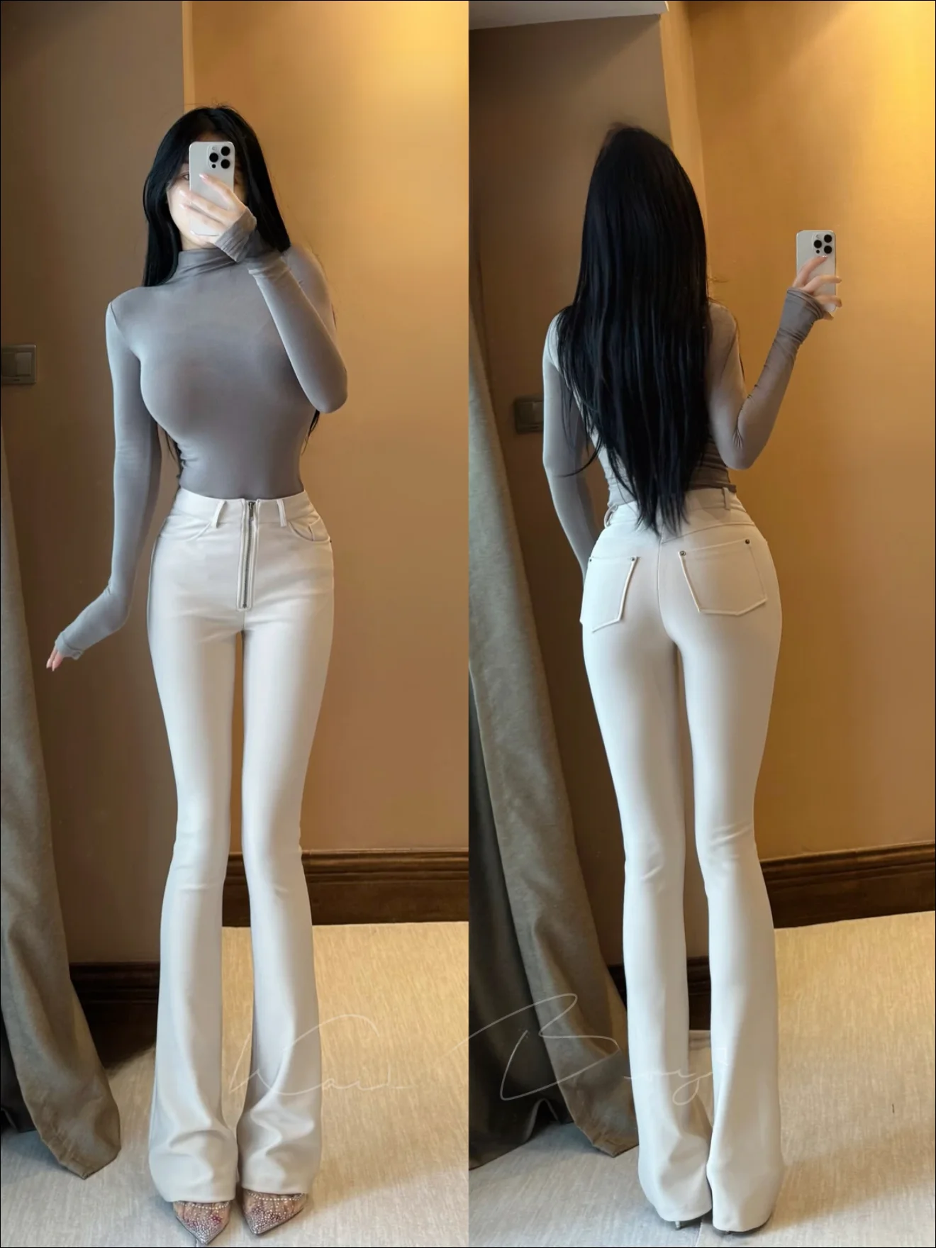 

Korean Style Fleece Lined Bell Bottom Jeans Women's High Waist Cotton Stretch Denim Winter Fashion Beautiful Lady Long Legged