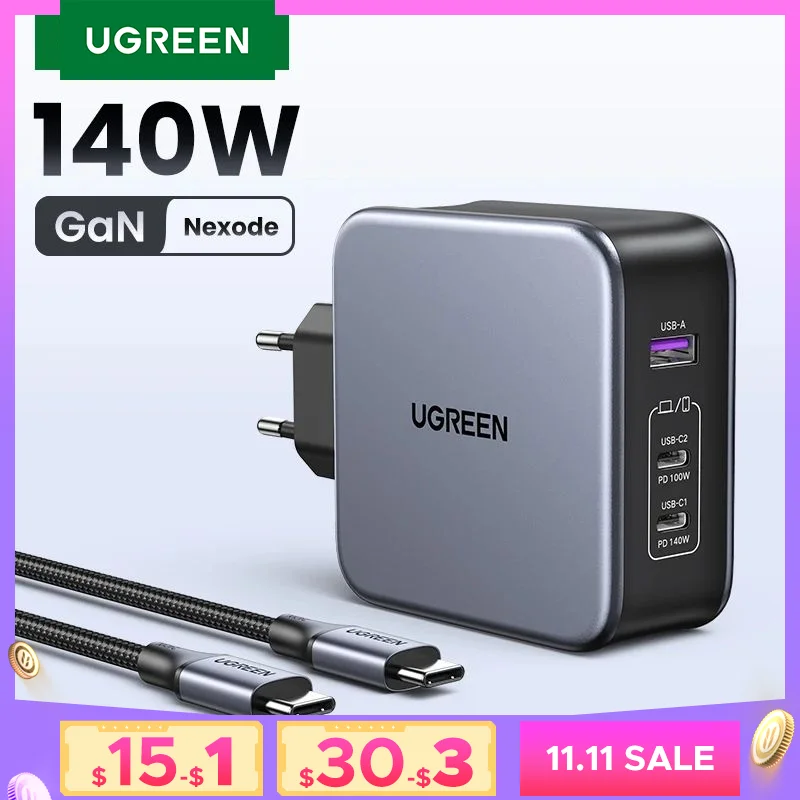 UGREEN 140W GaN Charger USB Type C PD3.1 Fast Charge For Macbook Quick Charge 4.0 3.0 USB Phone Charger For iPhone Xiaomi Tablet