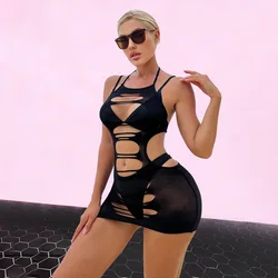 2023 New Bikini Cover Up Sexy Ladies Lingerie Hollow Bodysuit Mesh Mini Skirt Women Beachwear Sexy Beach Dress Party Club Outfit