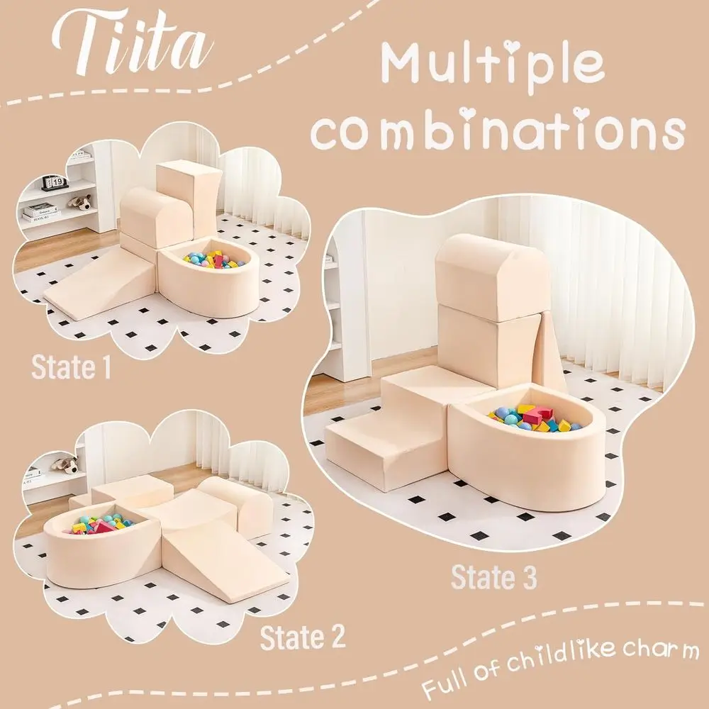 5-Piece Beige Foam Climbing Blocks with Ball Pit for Baby's Indoor Playtime Adventure