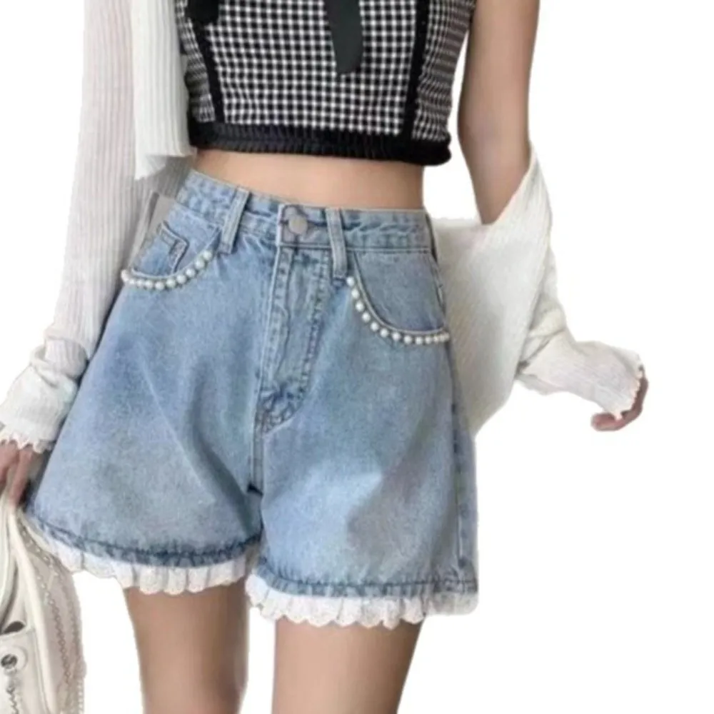 Light Colored Denim Shorts Loose Fit A-Line Cut Women's Denim Shorts Lace Trim Thin Design Lace Trimmed Shorts Summer Wear