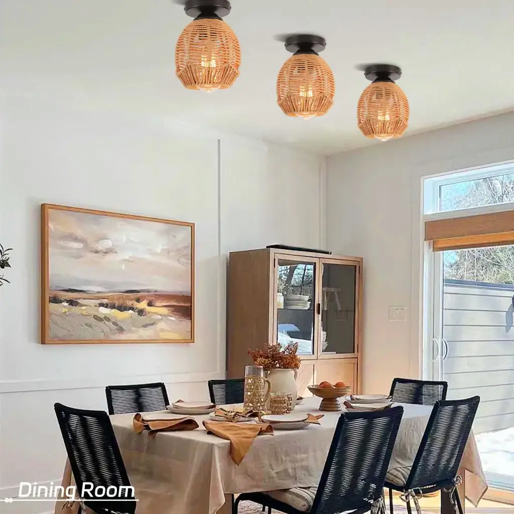 Modern Hemp Rope Woven Ceiling Light Rattan Boho Flush Mount Ceiling Lamp Shade for Bedroom Living Room Dining Room Lighting LED
