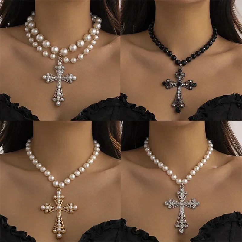 Geometric Alloy Multi Layered Imitation Pearl Cross Pendant Customized Necklaces for Women Fashion Beach Party Fashion Jewelry