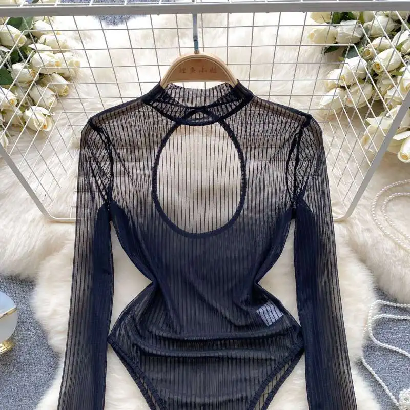 O-neck Elegant Long Sleeves Chic See Through Mesh Hollow Out Backless Bodysuits Top Sexy High Street Autumn Jumpsuit E5690