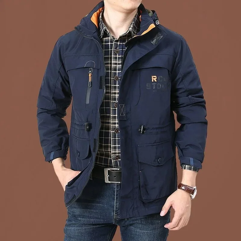 

Men Loose Windproof Waterproof Outdoor Jacket Casual All-Matching Solid Color Sports Outwear Male Large Size Detachable Hat Coat