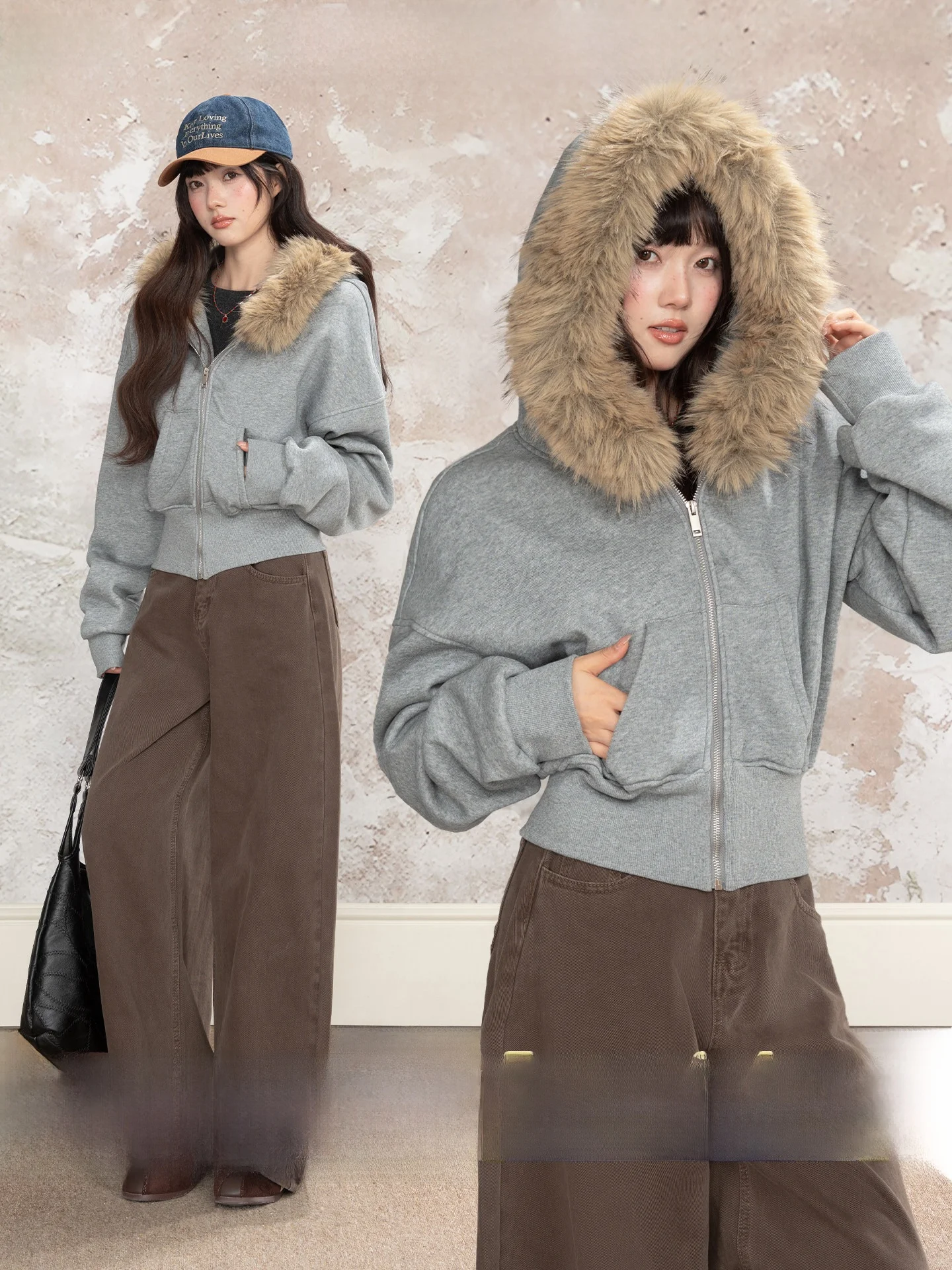 

Loveheynew American Retro Hot Girl Hooded Jacket Women's Winter Loose Warm Top Fur Collar Sweatshirt Short Outerwear