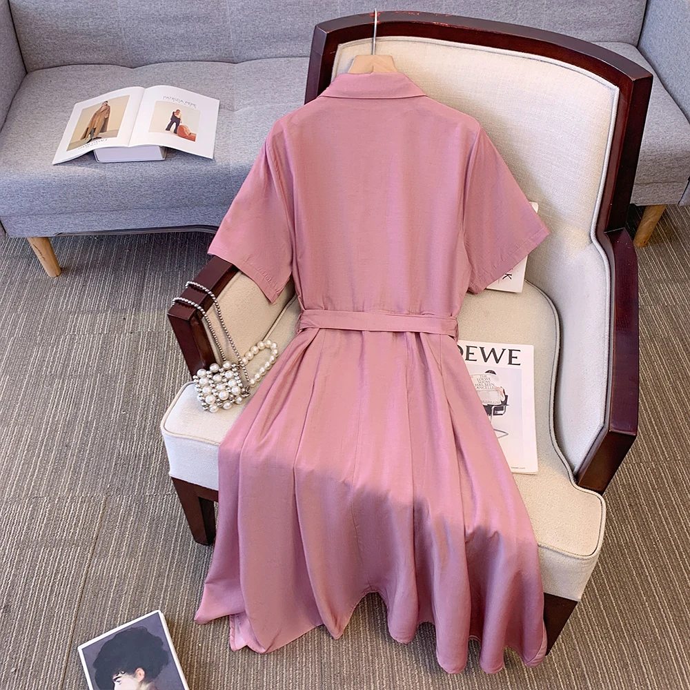 Plus-size women's summer casual dress Cotton polyester fabric loose comfortable pink long skirt button decorative belt waist