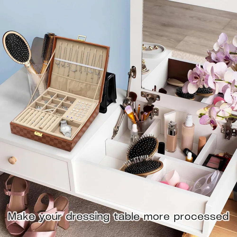 

Двухслойный большой кожаный органайзер для украшений для женщин и девушек: коробка для хранения серег, колец, ожерелий, браслетов, часов – идеальное решение