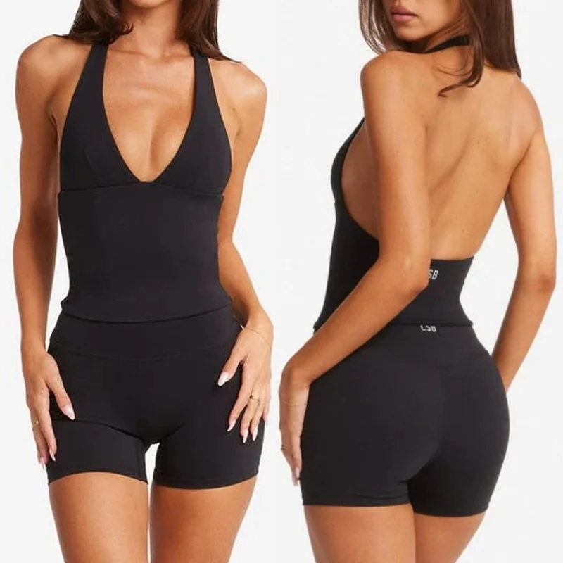 C-B Women's Yoga Set Halter Neck Backless Tank Top + High Waist Shorts/Leggings, Butt Lifting Workout Outfit for Gym Pilates