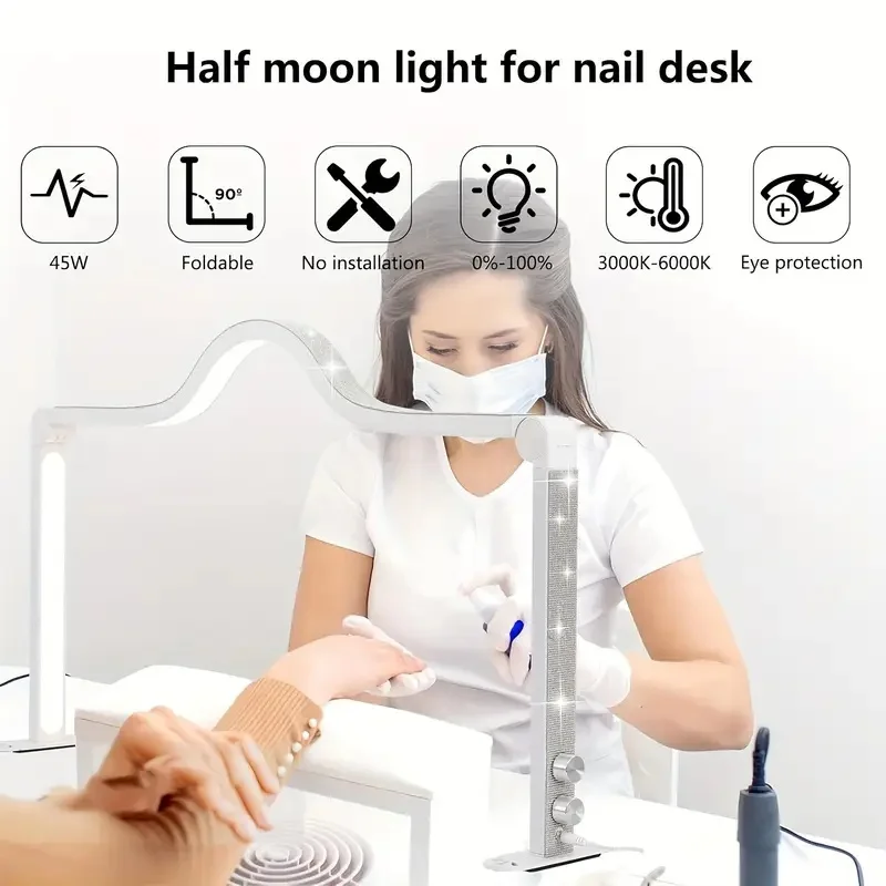 80cm Nail Table Lamp 48W LED Half Moon Nail Light Sauqre Shape Fill Light for Manicure Lash Photography Puzzle Crafting