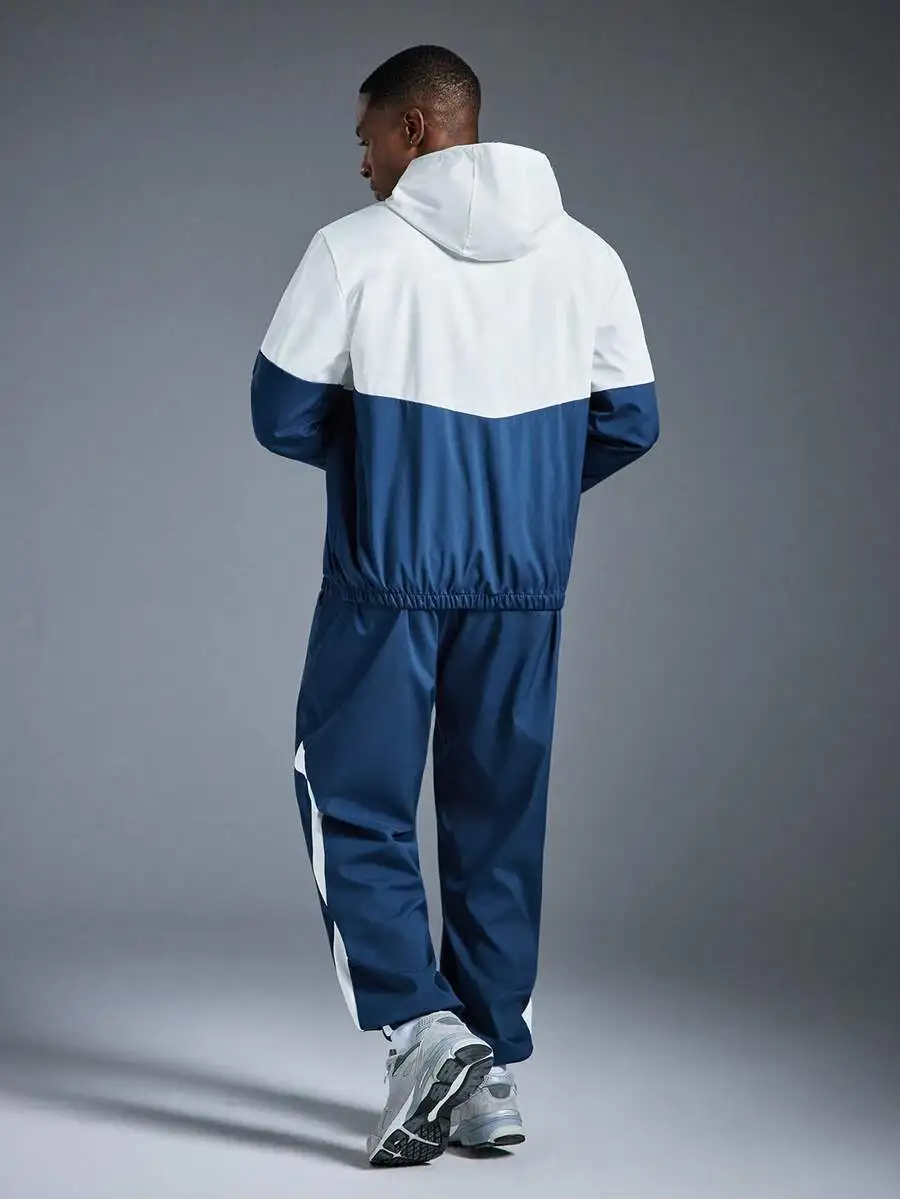 

Mens Windproof Breathable Colorblock Hooded Tracksuit Set For Running Fitness Gym