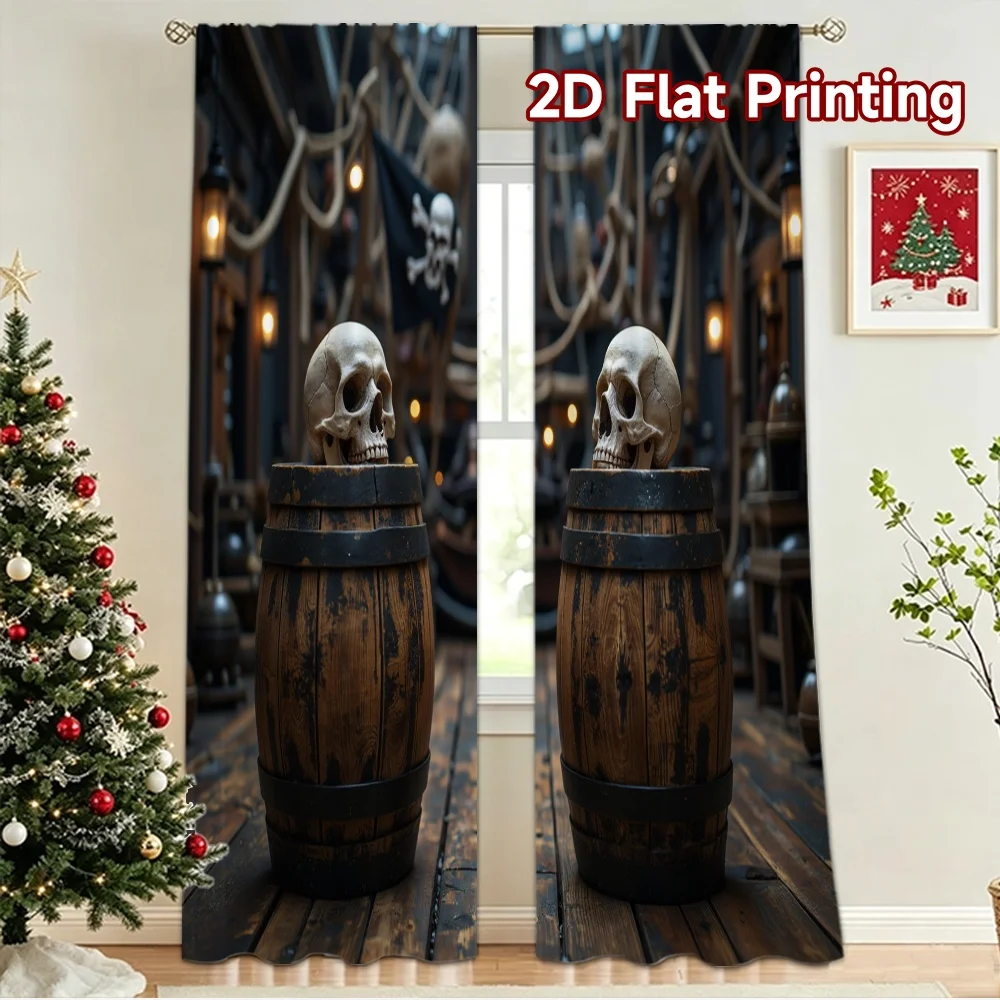 2D flat 2pcs Curtain French Romantic Style Halloween Skull Barrels Digitally printed polyester, colorfast Party & Holiday Decor