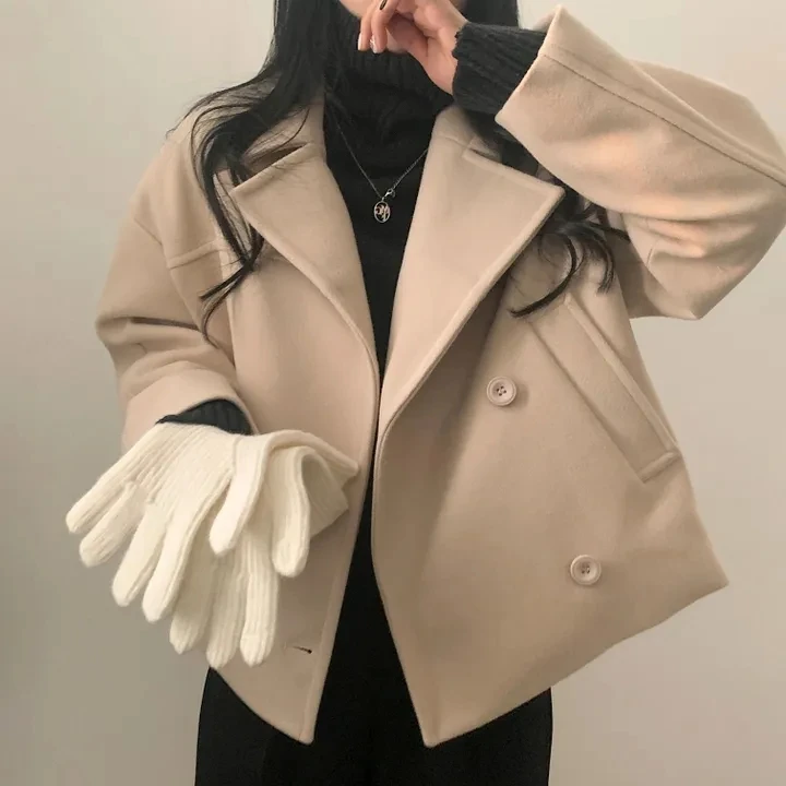 

Retro Briti Winter Woolen Coat Women's Notched Collar Double Button ort Sle Windbreaker Outerwear Faionable Commute