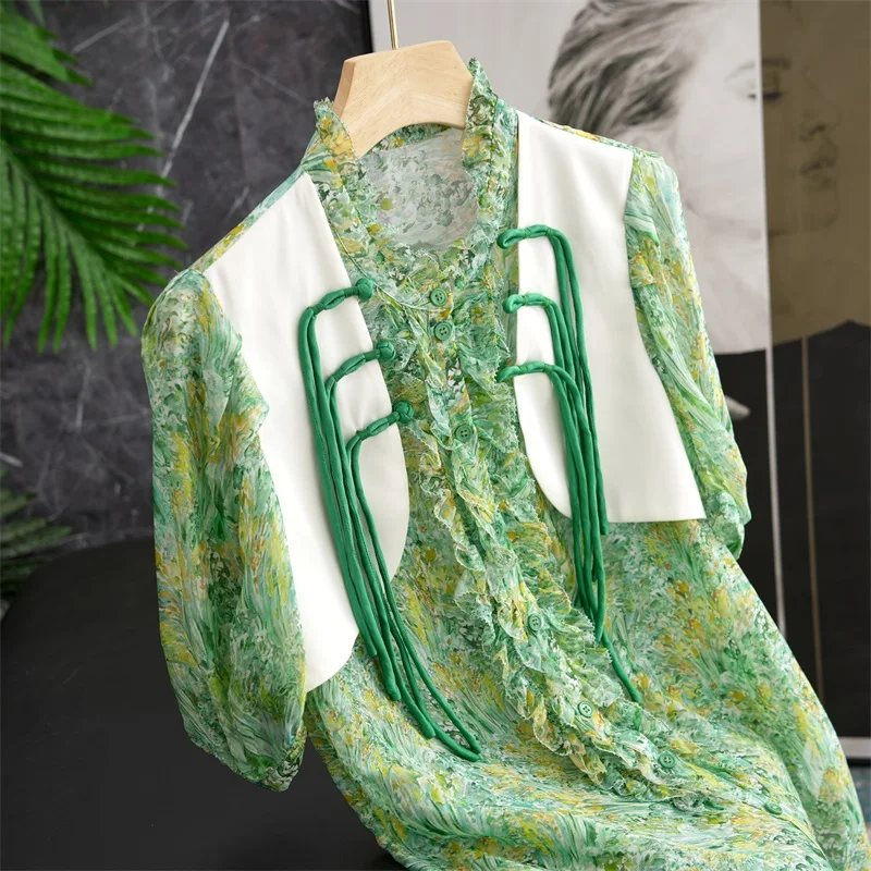 

Faionable New Chinese Sle irt ort Sve Floral Print Silk Blouse Bubble Sve Button Detail Stand Collar Layering Top