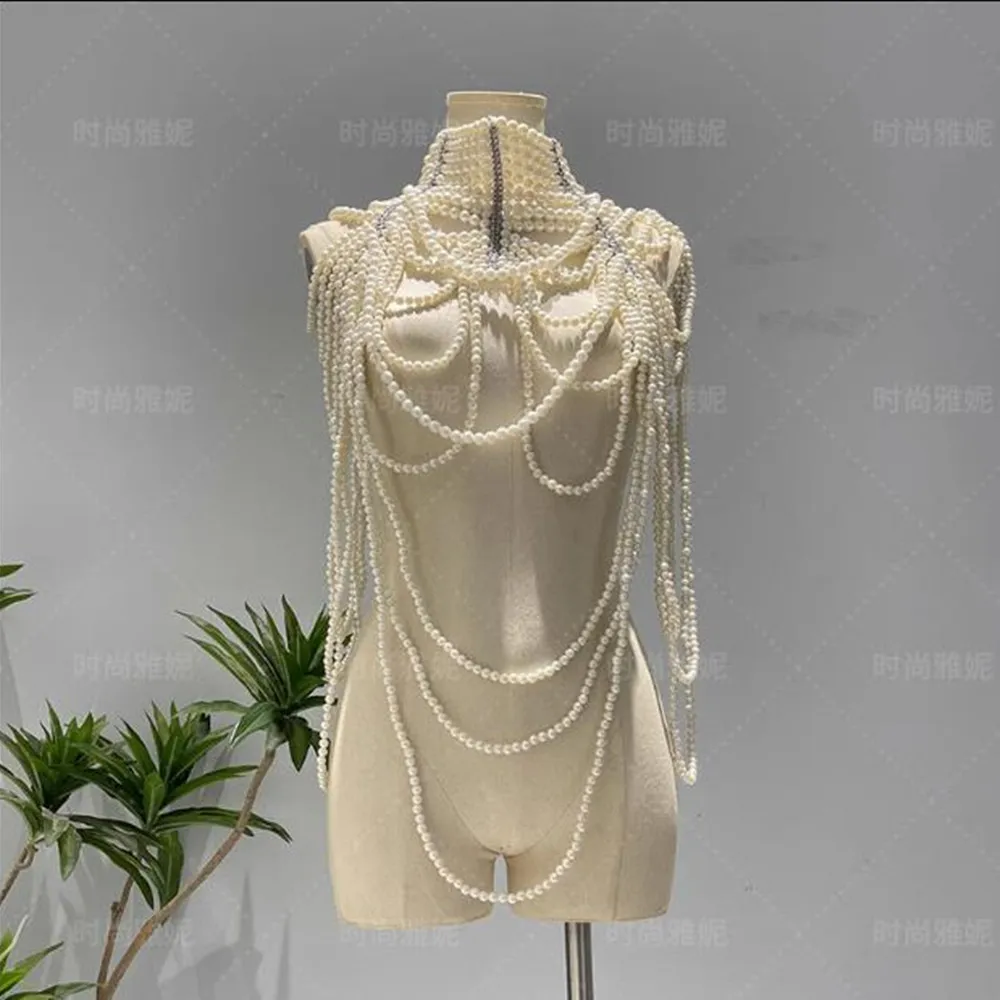 Duftgold New Fashion Imitation Pearl Body Chain Pure Hand Woven Celebrity Party Club Elegant Shawl Body Chain Choker Necklace