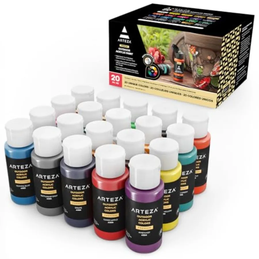 

Outdoor Acrylic Paint Set, 20 Colors, 2 ounce Bottles, Multi-Surface Paints for Rock, Wood, Fabric, Leather, Paper, Canvas and