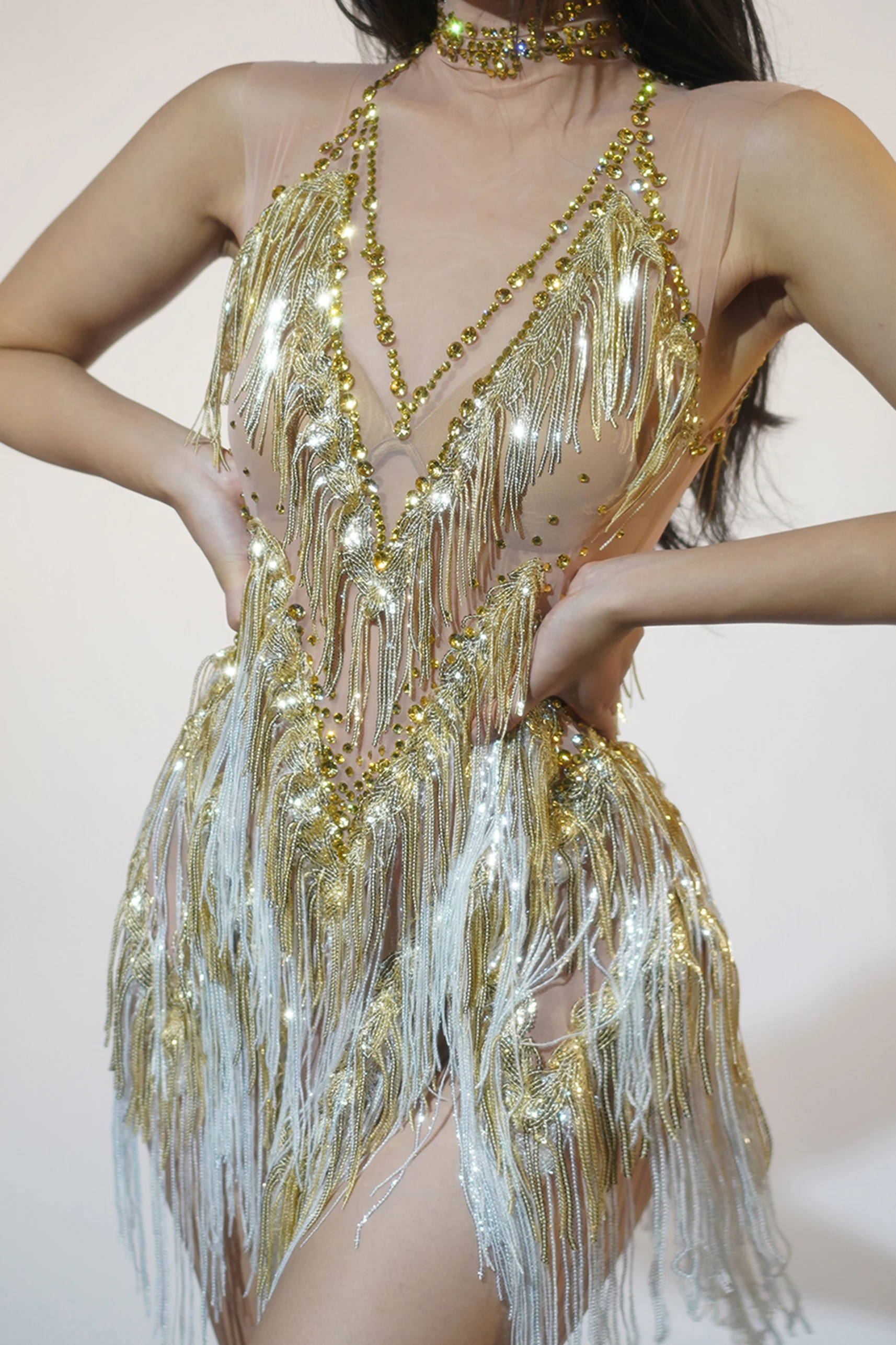 

Luxurious rhinestone tassels sexy sleeveless short tightfitting dress for women bar and nightclub dance performance eveningdress