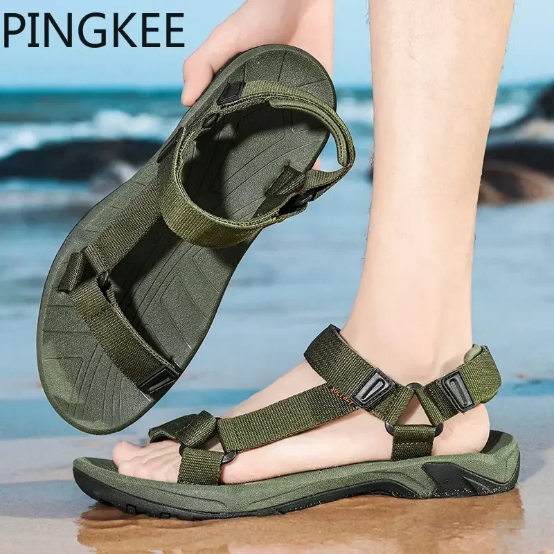 PINGKEE Fabric Upper Adjustable Men Summer Leather Sandals Original Mens Sandals Man Leather Classic Slip on Flat Men\'s Shoes