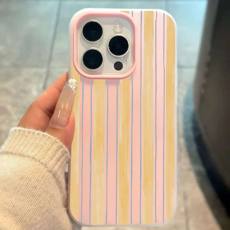 스타일리시한 노란색 줄무늬 아이폰 케이스 (아이폰 17, 16, E, 15, 14, 13, 12, 11 Pro, XR, X Max, 7, 8 Plus, 17 Air) 미니멀리스트 2 in 1 백 커버