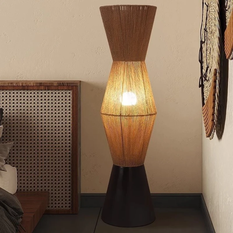 Japanese Wabi Sabi Hemp Rope Weaving LED Floor Lamp Retro Hand Knitting Living Room Sofa Study Bedroom Metal Base Standing Light